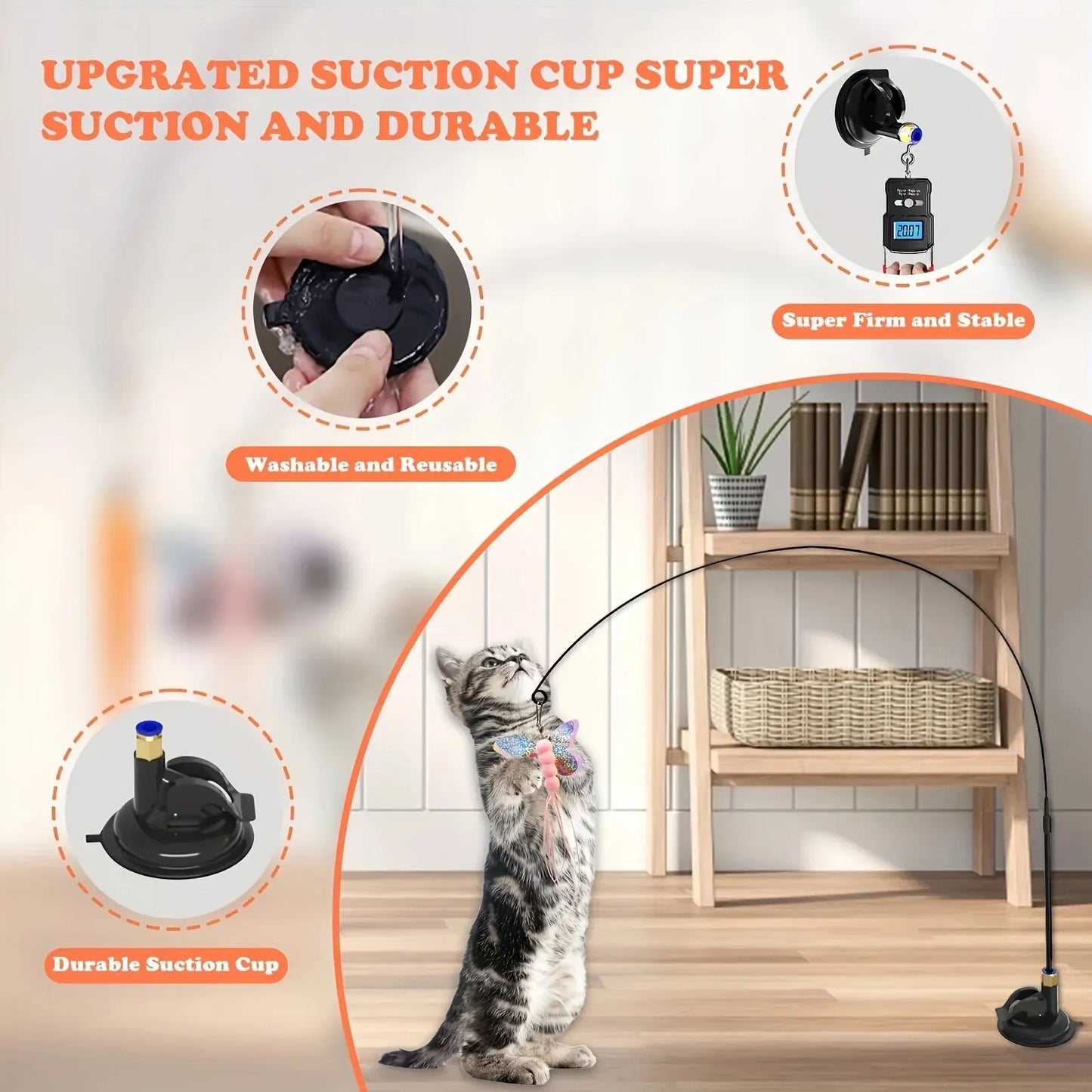 Interactive Cat Teaser Toy – Feather Wand with Bell & Suction Cup for Indoor Cats