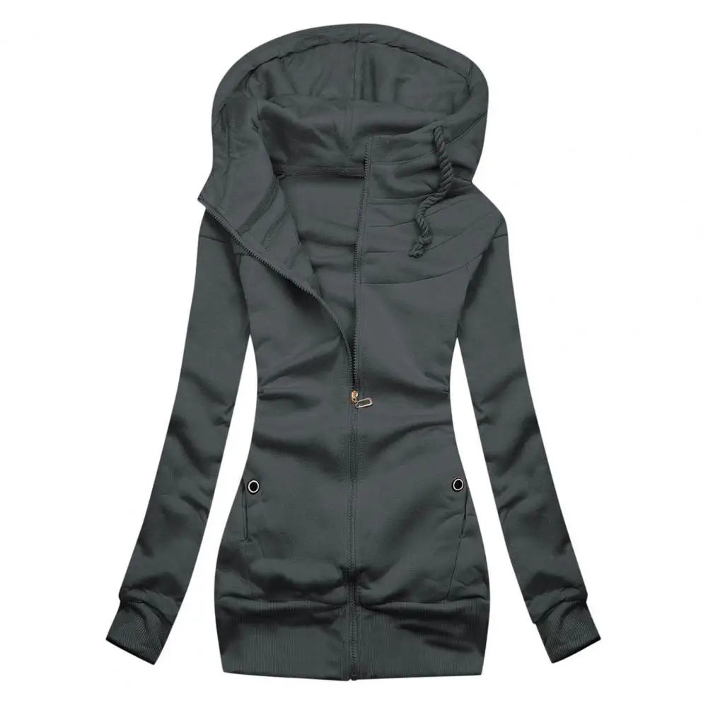 Lady Hoodie Jacket Solid Color Drawstring Tight Waist Autumn Warm Zipper Cardigan