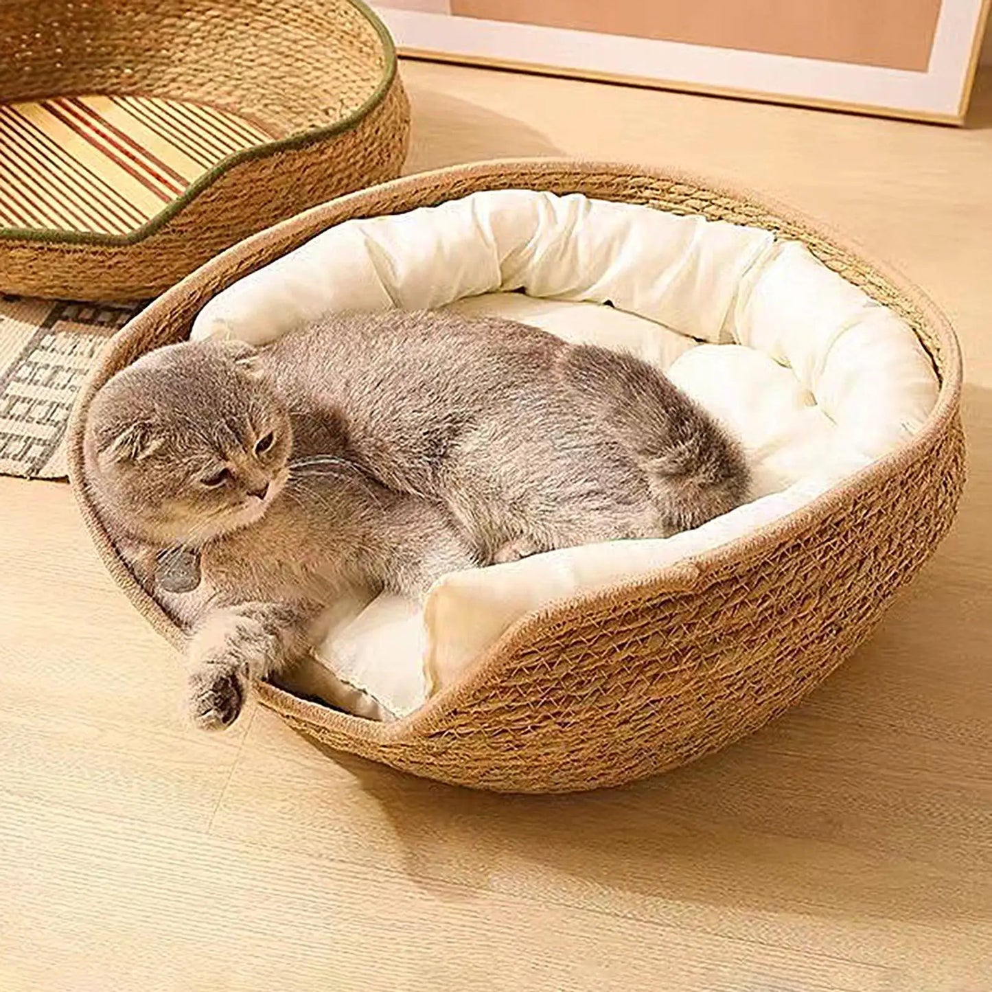 Woven Cotton Rope Cat Basket Bed - Round Sleeping Nest with Luxury Pillow