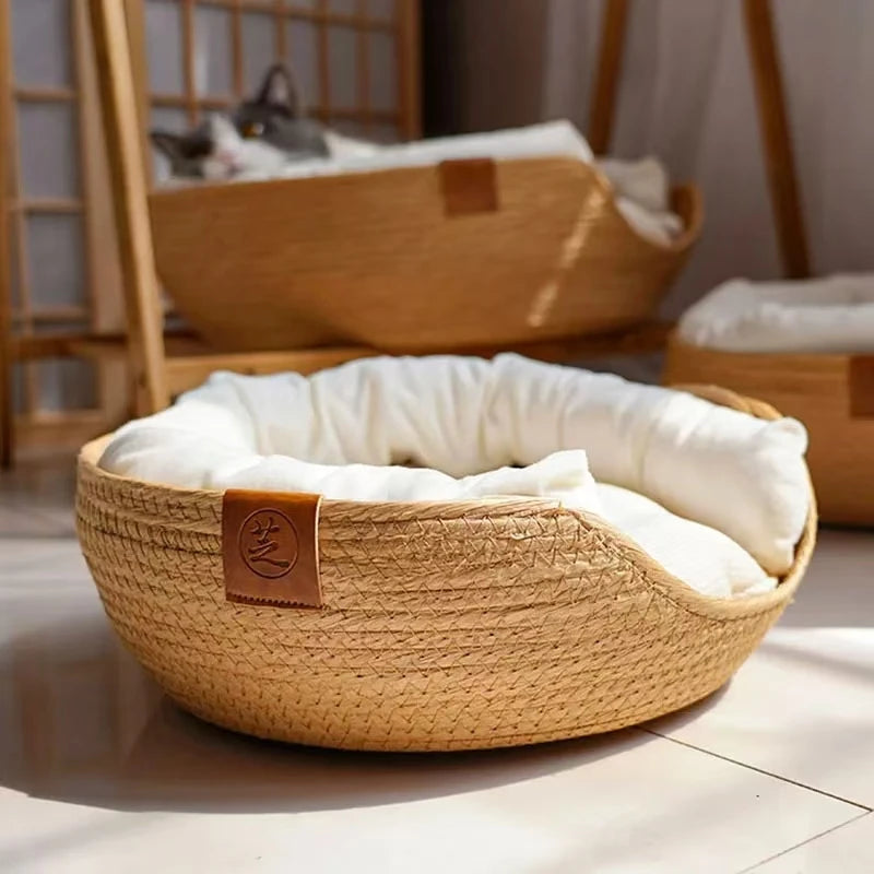 Handmade Bamboo Pet Bed – Woven Sofa Nest for Cats & Small Dogs