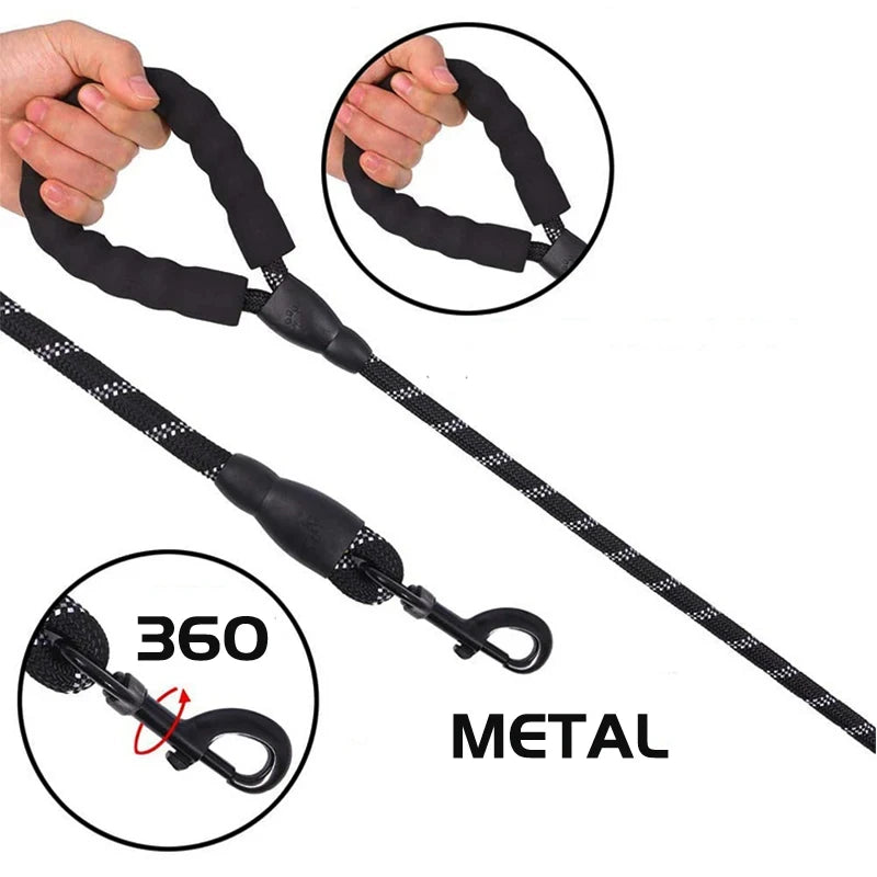 Double Handle Reflective Dog Leash - Heavy Duty Padded Lead for Strong Dogs