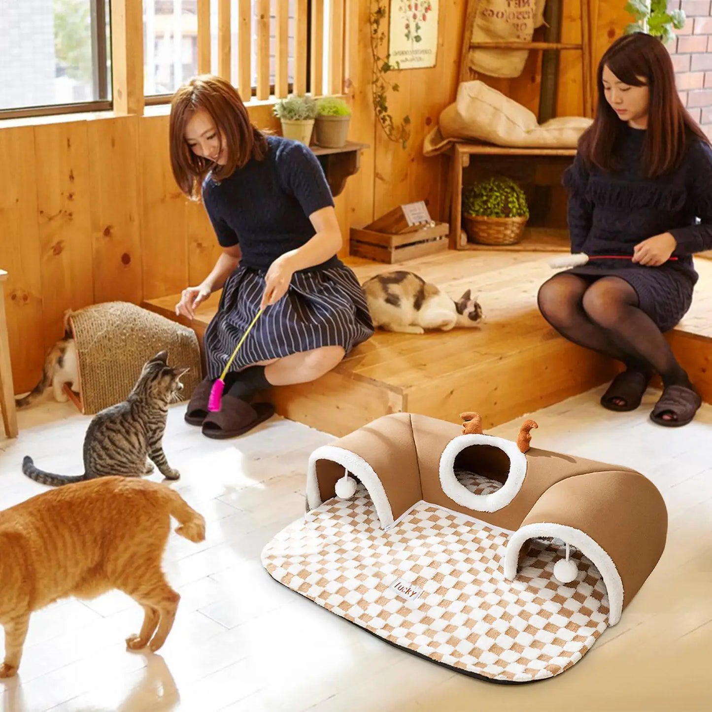 2-in-1 Cat Bed & Play Tunnel - Foldable Winter Hideaway Tent with Plush Mat