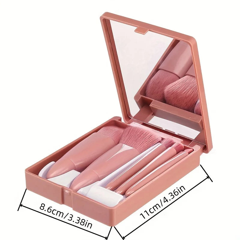 Portable Makeup Brush Set - 5-Piece Foldable Travel Kit with Mirror - PULSE MART