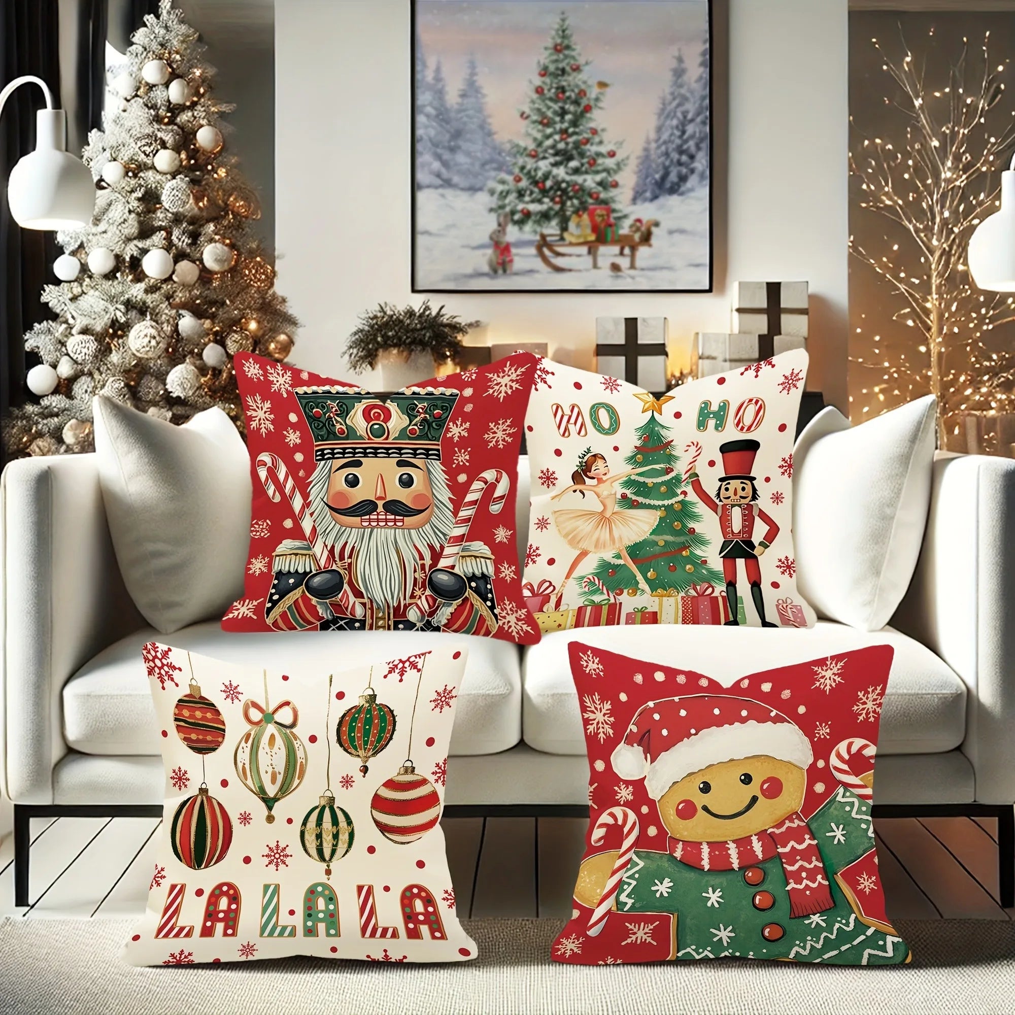 Christmas Magic: Festive Nutcracker, Gingerbread, and Ornament-Printed Pillowcases sofas, bedroom pillow covers, holiday gifts