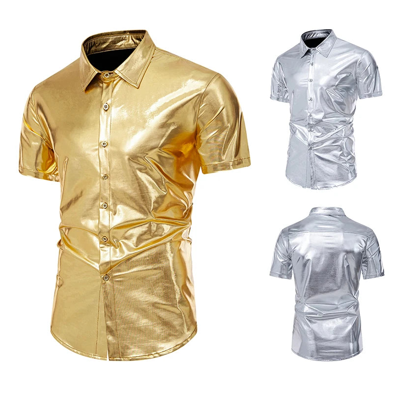 Men’s Metallic Shiny Short Sleeve Shirt – Party Casual Dress Shirt SS29