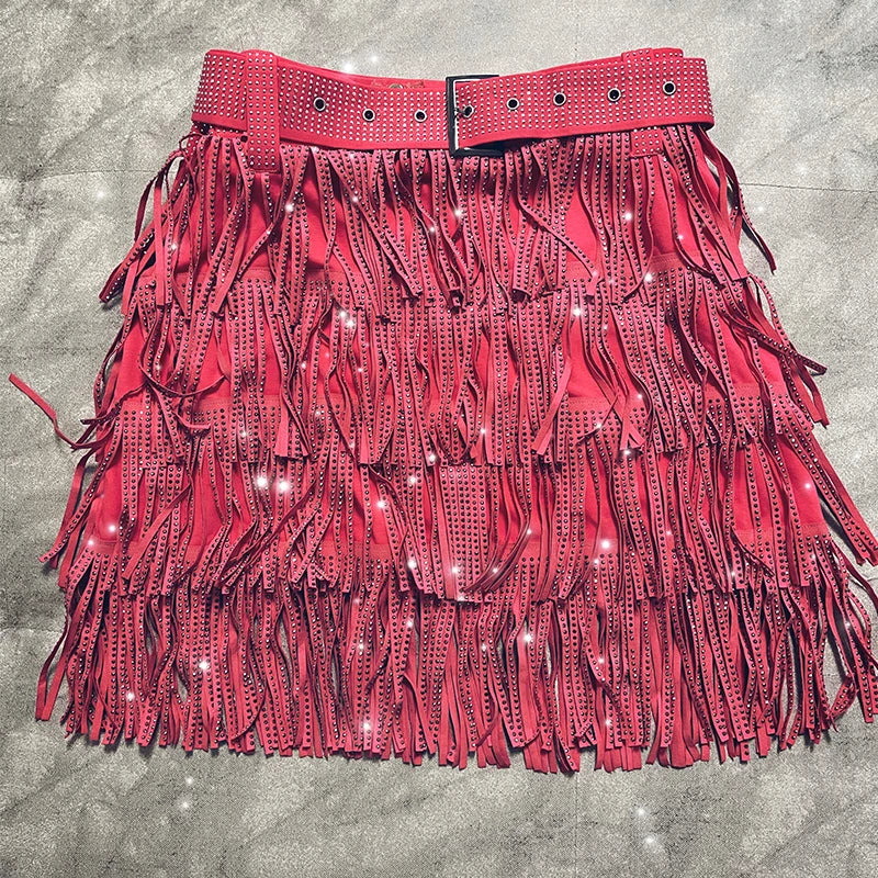 Women’s Autumn Skirt  – High Waist Belted A-Line with Rhinestones, Fringe & Layered Cake Design