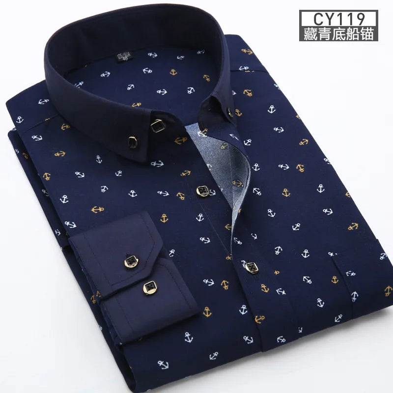 New men's shirt Thin long-sleeved printed spring/summer non-ironing slim breathable shirt