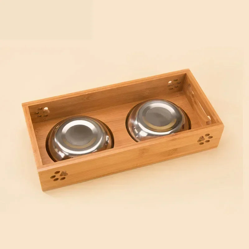 Ceramic Elevated Double Pet Bowls - Bamboo Wooden Stand for Cats & Small Dogs