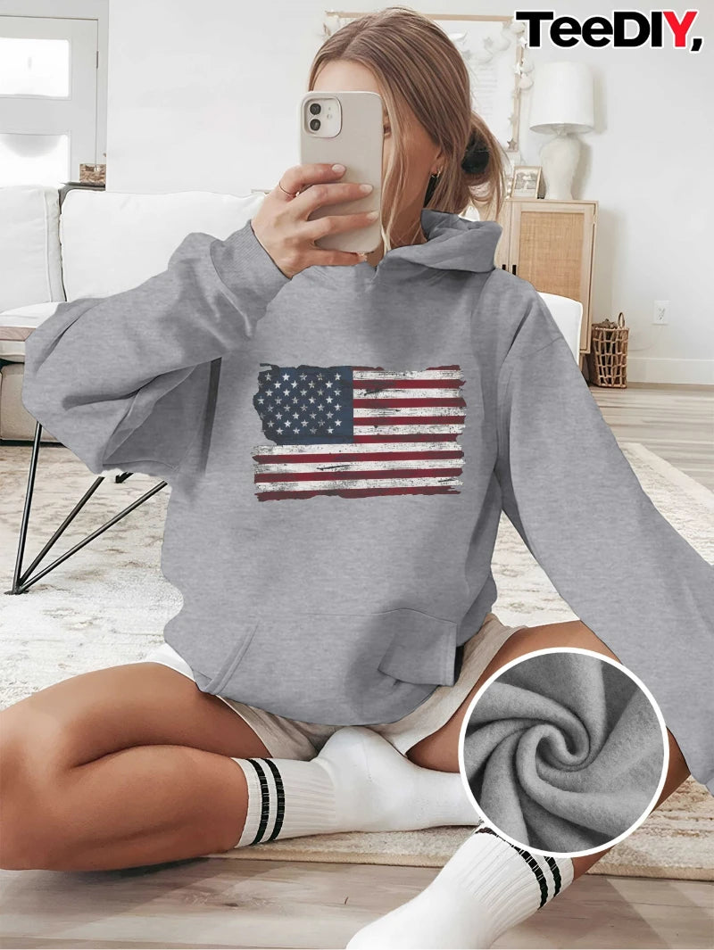 Distressed American Flag Graphic Pullover Sweatshirt, Front Pocket Hooded Sweater
