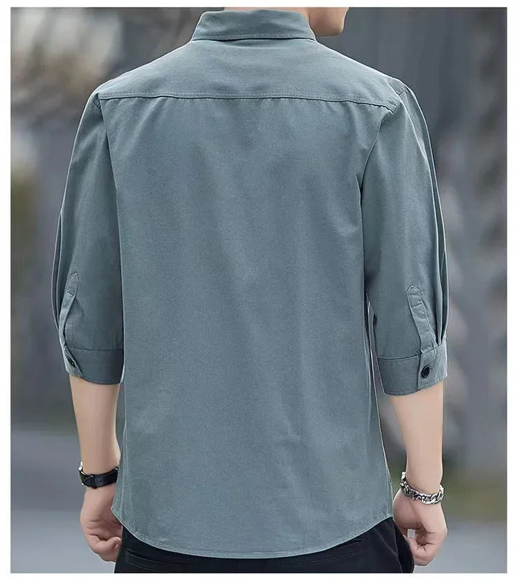 Men shirts Summer clothing Short-Sleeved shirts & blouses Daily Solid Color Stand-Up Collar