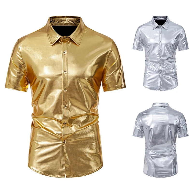 Men’s Metallic Shiny Short Sleeve Shirt – Party Casual Dress Shirt SS29