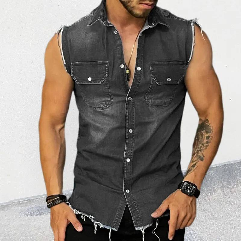 Men’s Denim Tank Top – Trendy Sleeveless Shirt, Lapel Cardigan Style, Summer Streetwear Singlet