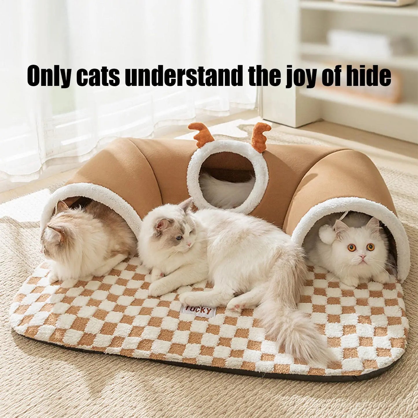 2-in-1 Cat Bed & Play Tunnel - Foldable Winter Hideaway Tent with Plush Mat