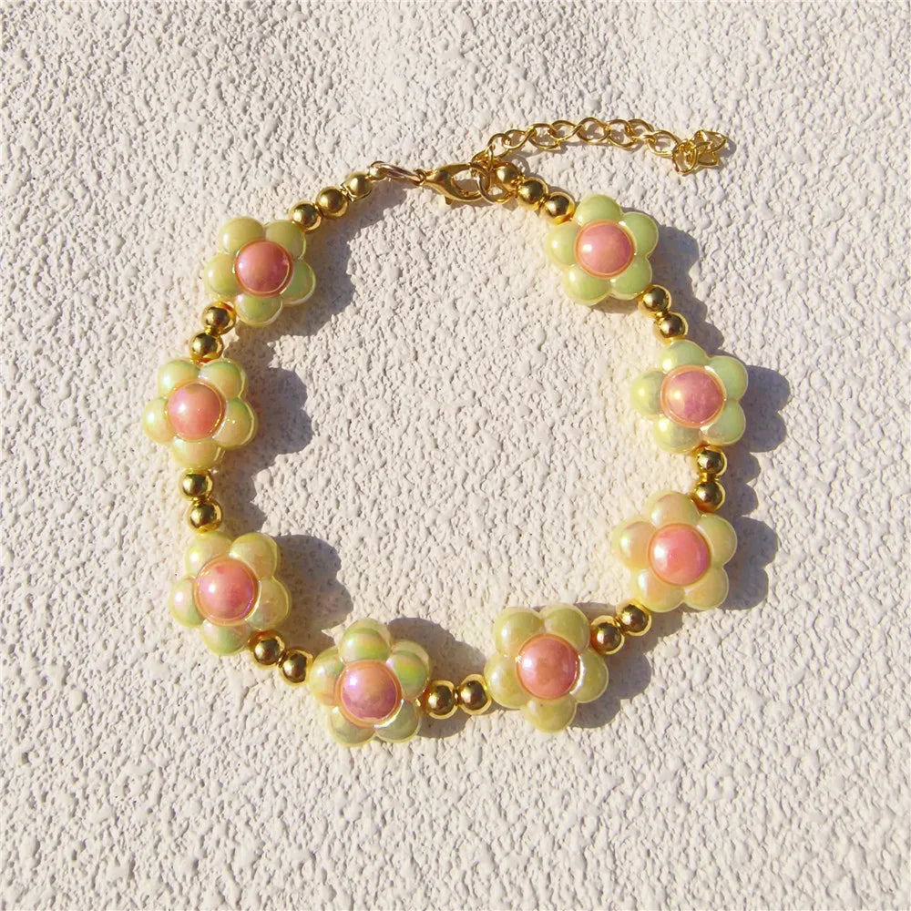 Cute Candy-Colored Pet Collar: Pearl Necklace with Flower Beads & Alloy Chain