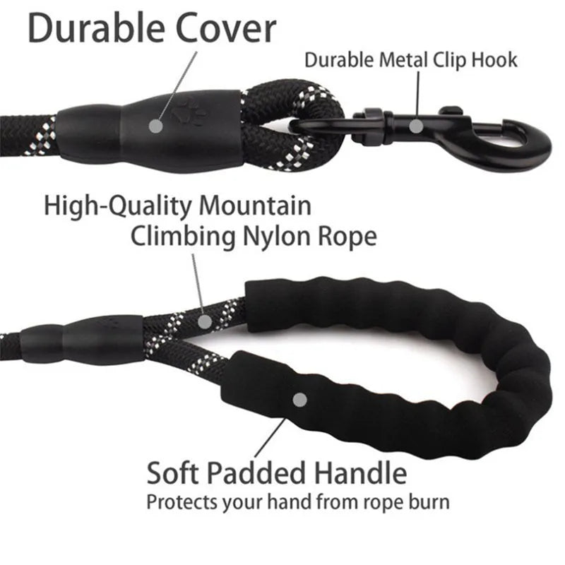 Double Handle Reflective Dog Leash - Heavy Duty Padded Lead for Strong Dogs