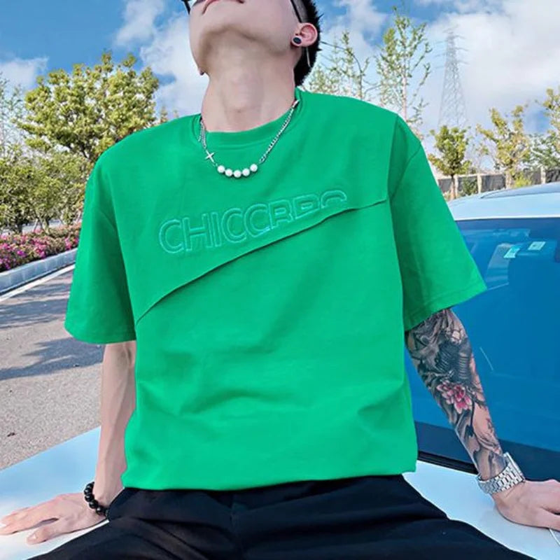 Men’s Green Slim Fit T-Shirt – Plain Alphabet Rock Streetwear Tee, Casual Cotton Top