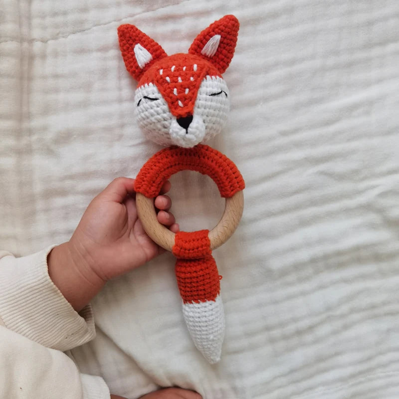 Amigurumi Cartoon Animal Baby Rattle Cute Wooden Ring Handhold Newborn Rattle Toys Handmade Pacifier Clips Kids Educational Toys - PULSE MART