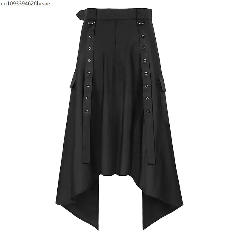 Men’s Gothic Irregular Skirt – Black High Waist Pleated Steampunk Rock Long Skirt for Halloween