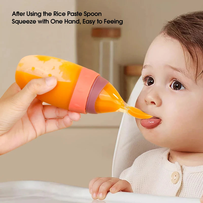 100ml Liquid Silicone Baby Feeder Rice Paste Fruit Puree Toddler Squeeze Feeding Bottle with Dispensing Spoon - PULSE MART