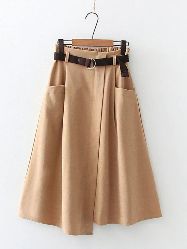 Women’s Casual Midi Skirt – High Waist Irregular Design with Pockets, Spring & Autumn