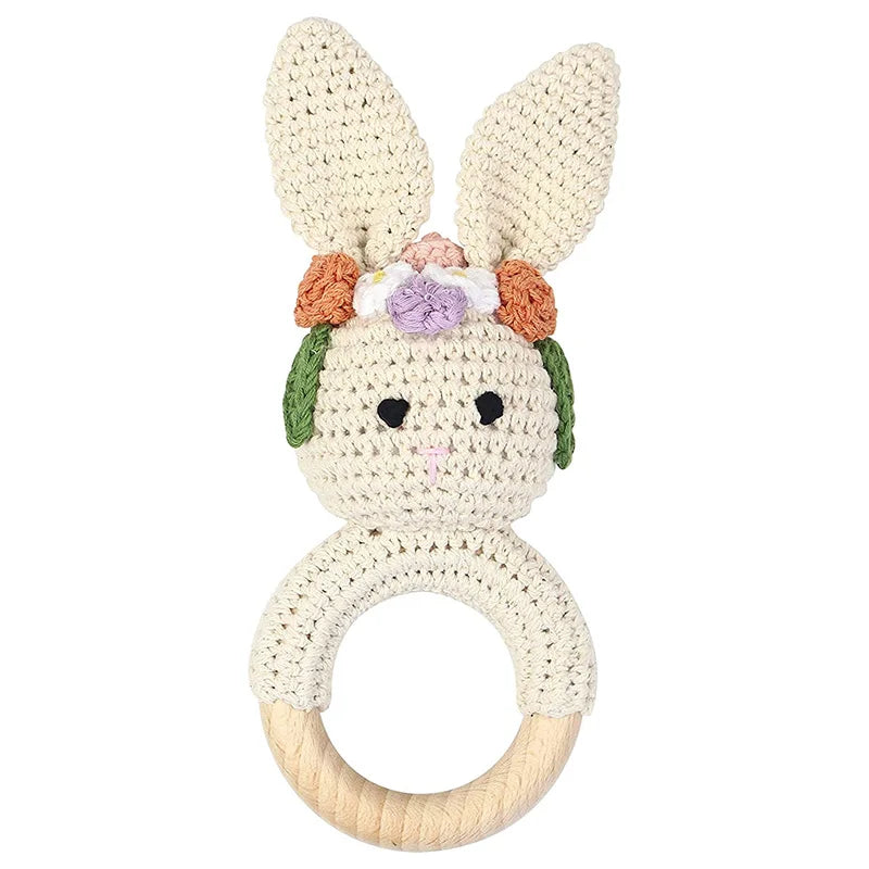 Amigurumi Cartoon Animal Baby Rattle Cute Wooden Ring Handhold Newborn Rattle Toys Handmade Pacifier Clips Kids Educational Toys - PULSE MART