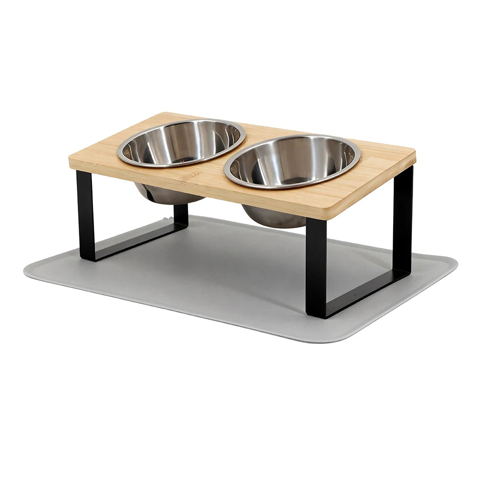 Elevated Cat Bowls with Food Mat – 15° Tilted Raised Feeder with 2 Stainless Steel Bowls