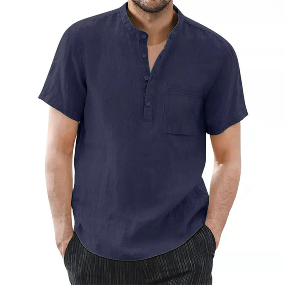 Men's Cotton &amp; Linen Short Sleeve T-shirt – Solid Color Casual Summer Shirt