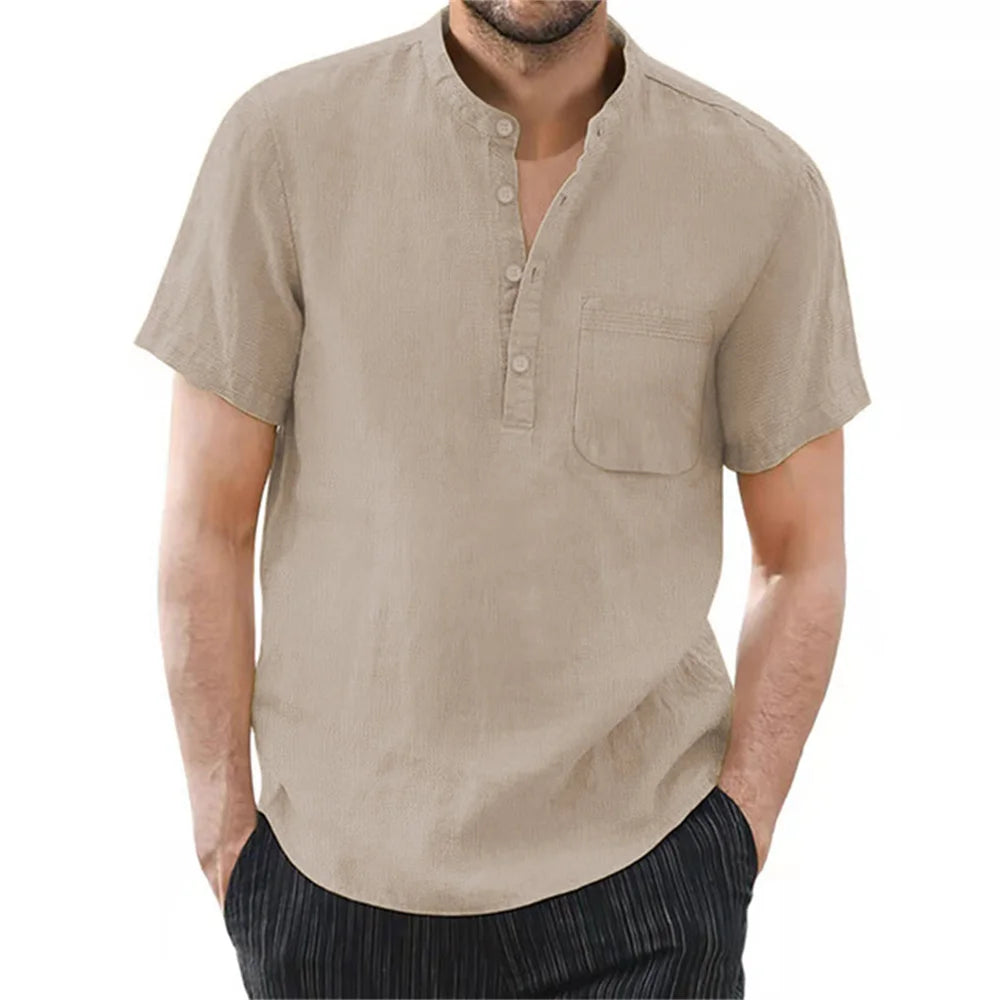Men's Cotton &amp; Linen Short Sleeve T-shirt – Solid Color Casual Summer Shirt