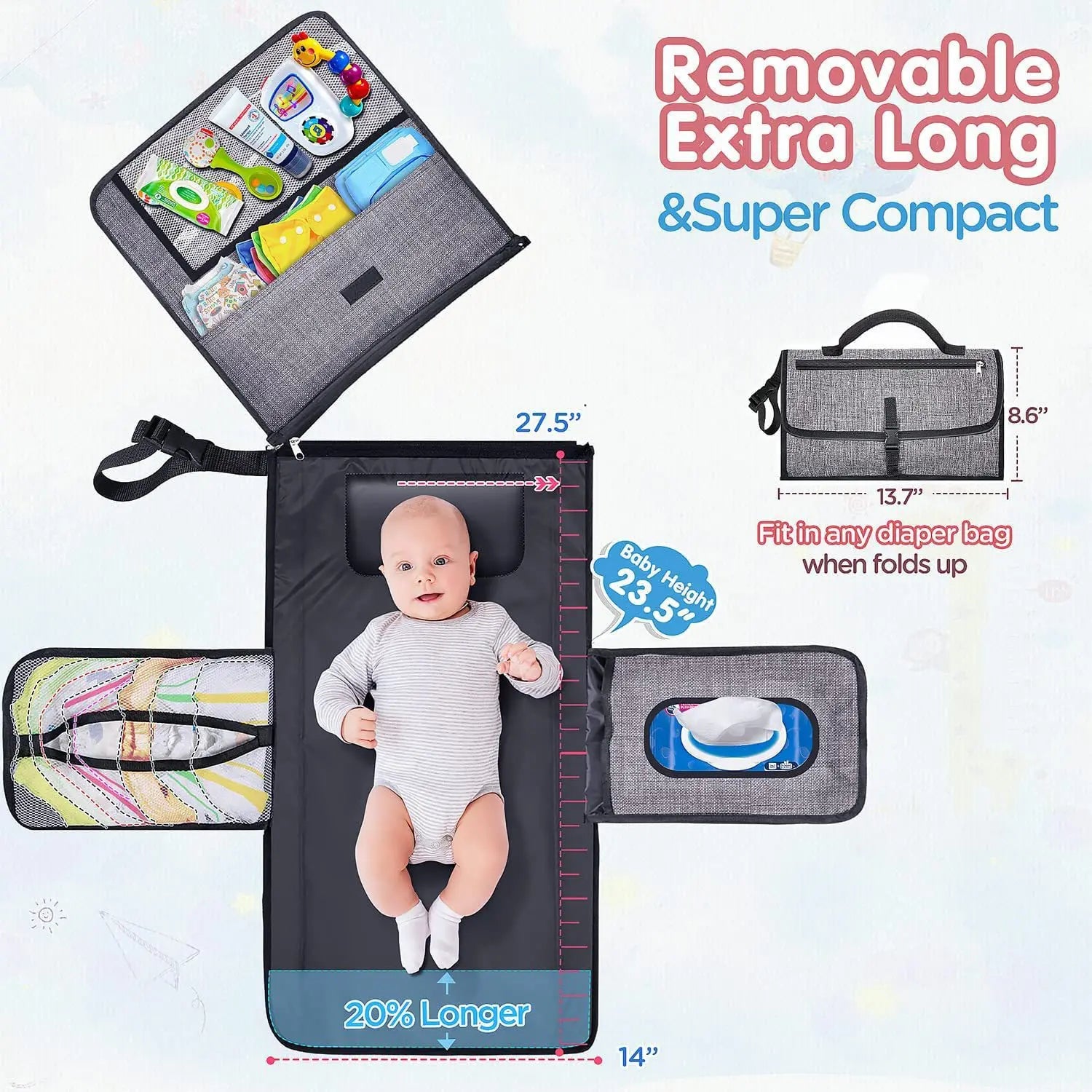 3 in 1 Diaper Changing Pad Portable Baby Changing Pad with Pockets Waterproof Travel Diaper Changing Hand Folding Diaper Bag - PULSE MART