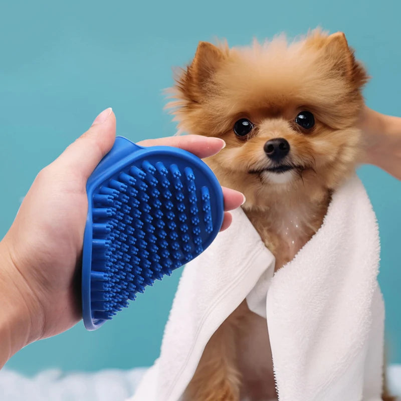 Rubber Bristle Dog Bath Brush - Adjustable Ring Handle Grooming Comb