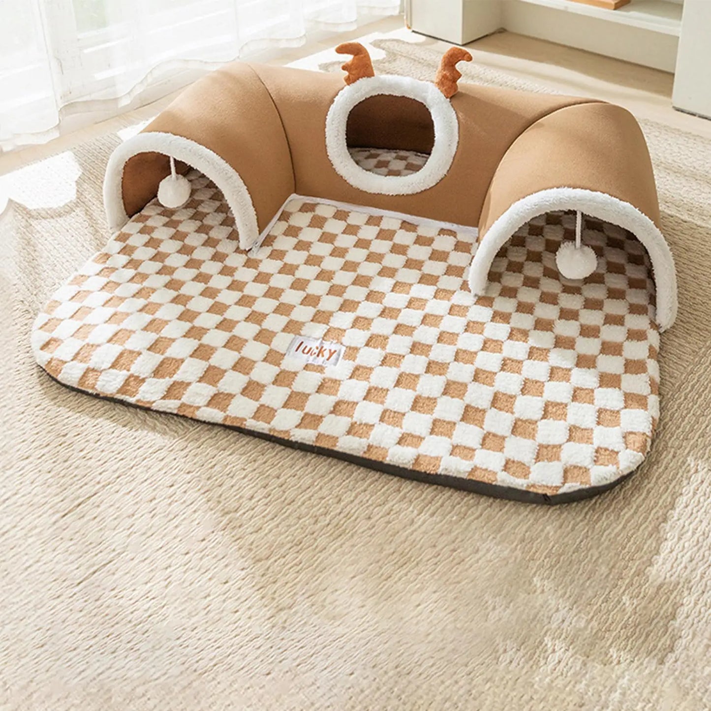 2-in-1 Cat Bed & Play Tunnel - Foldable Winter Hideaway Tent with Plush Mat