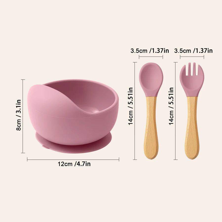 Mamaplan 3PCS Baby Silicone Feeding Set Toddler Suction Bowl Feeding Training Spoon Fork Baby Dishes Plate Baby Accessories - PULSE MART