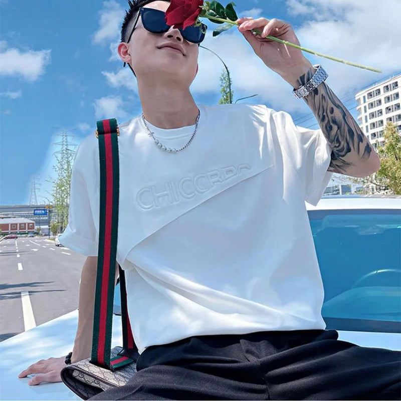 Men’s Green Slim Fit T-Shirt – Plain Alphabet Rock Streetwear Tee, Casual Cotton Top