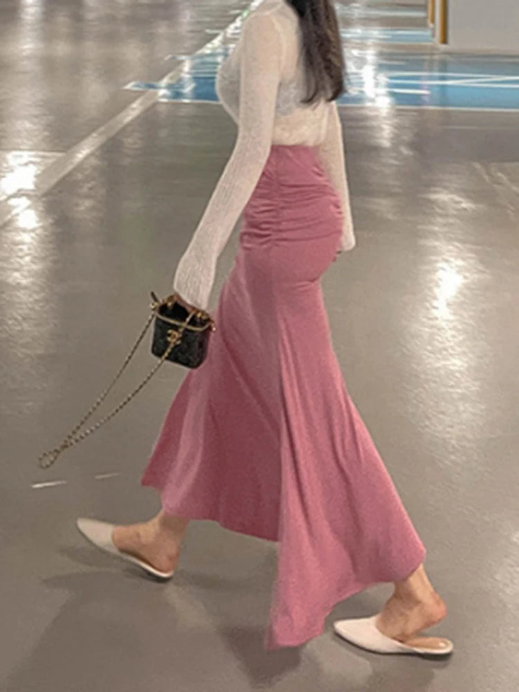 Shirring Satin Skirts for Women High Waisted Skirt 2025 Women A-Line Elegant Skirts