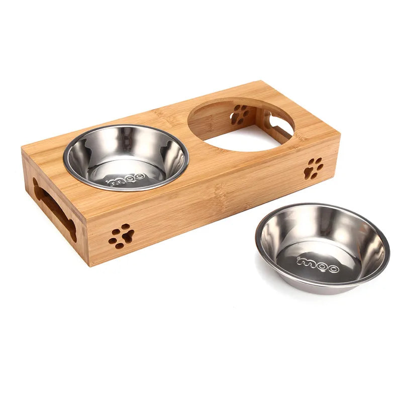 Ceramic Elevated Double Pet Bowls - Bamboo Wooden Stand for Cats & Small Dogs