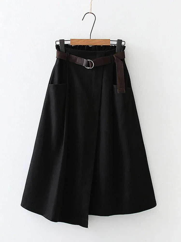 Women’s Casual Midi Skirt – High Waist Irregular Design with Pockets, Spring & Autumn