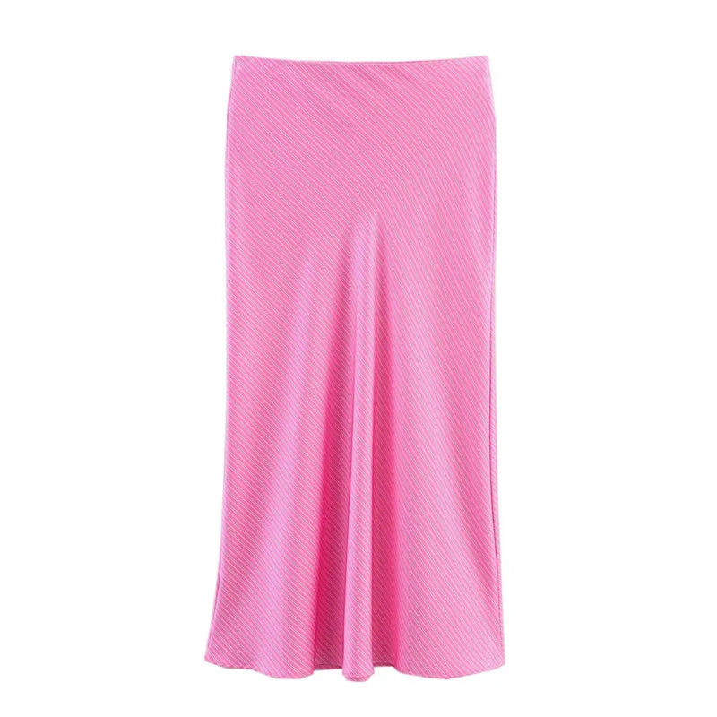 Women's Skirt New Summer 2025 Pink Striped Silk Satin Midi Skirt Fashionable and versatile
