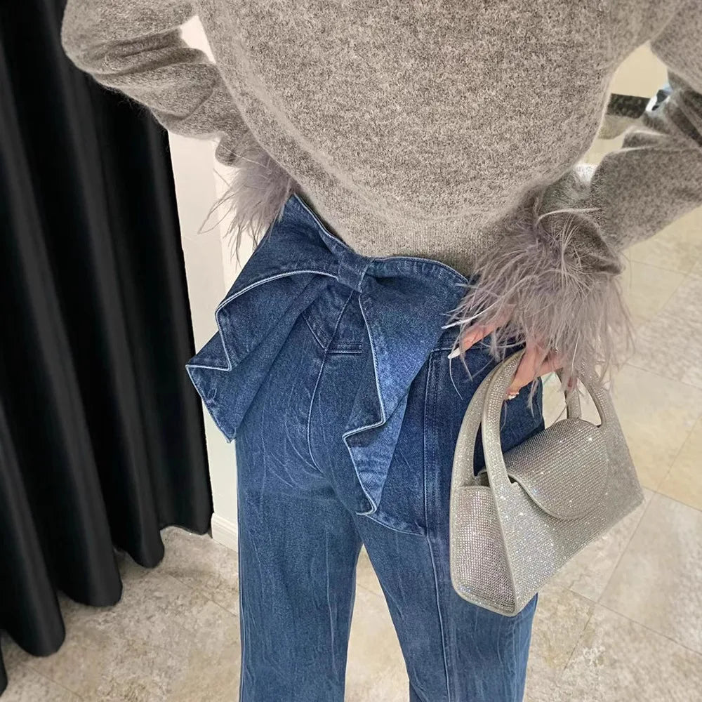 Denim Pant Jeans WomeWiden g L Leong Pants High Waist Bow Straight Trousers - PULSE MART