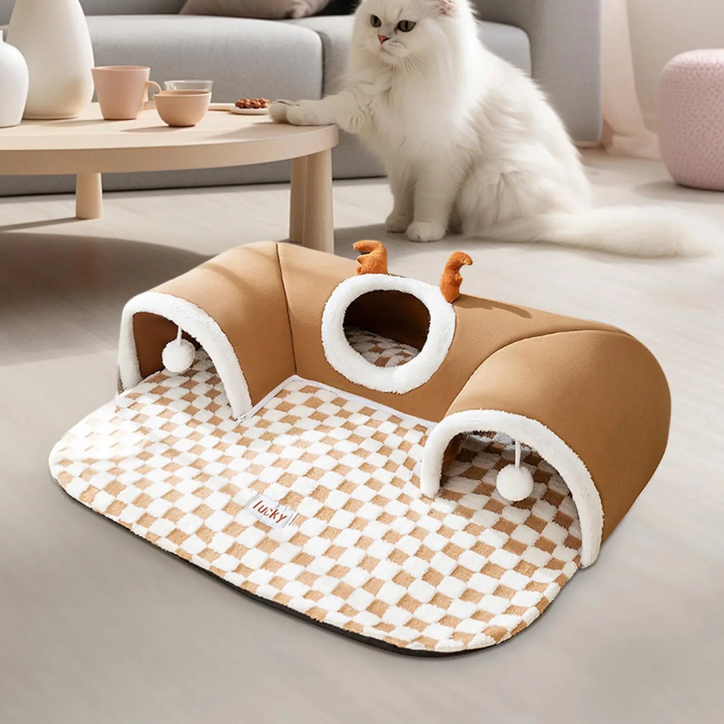 2-in-1 Cat Bed & Play Tunnel - Foldable Winter Hideaway Tent with Plush Mat