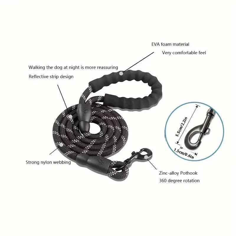Double Handle Reflective Dog Leash - Heavy Duty Padded Lead for Strong Dogs