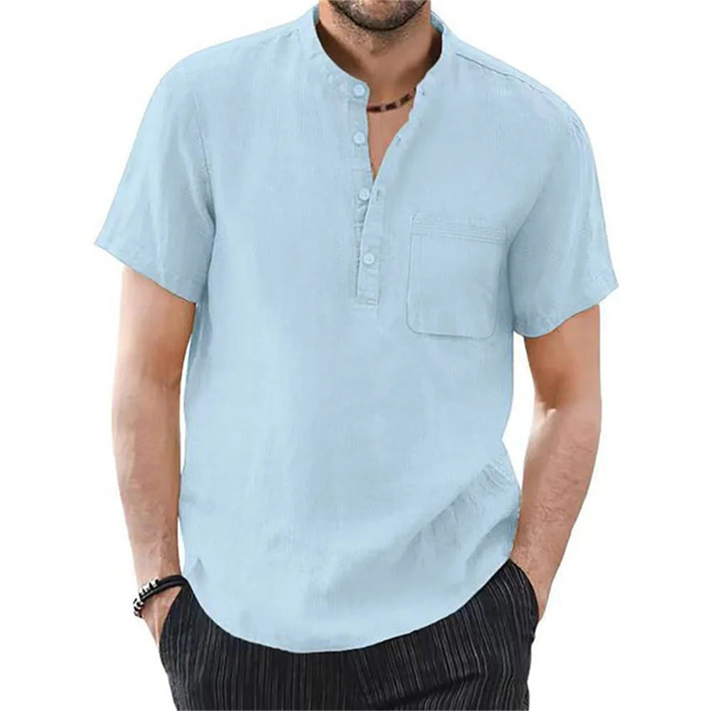 Men's Cotton &amp; Linen Short Sleeve T-shirt – Solid Color Casual Summer Shirt