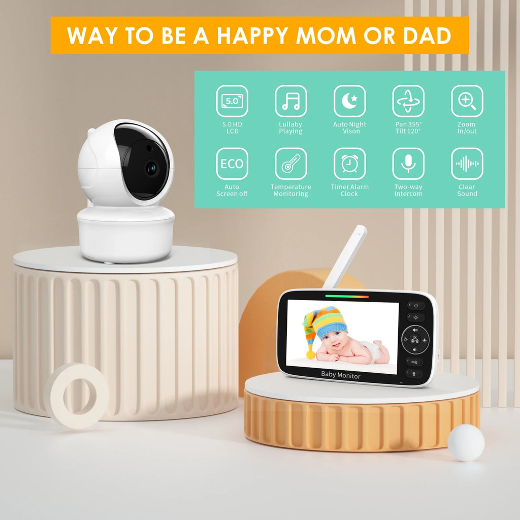 SM530A Baby Monitor 5 inch HD Rotating Baby Monitor Wireless Shaking Head Camera Night Vision Intercom Lullaby Baby Safety - PULSE MART