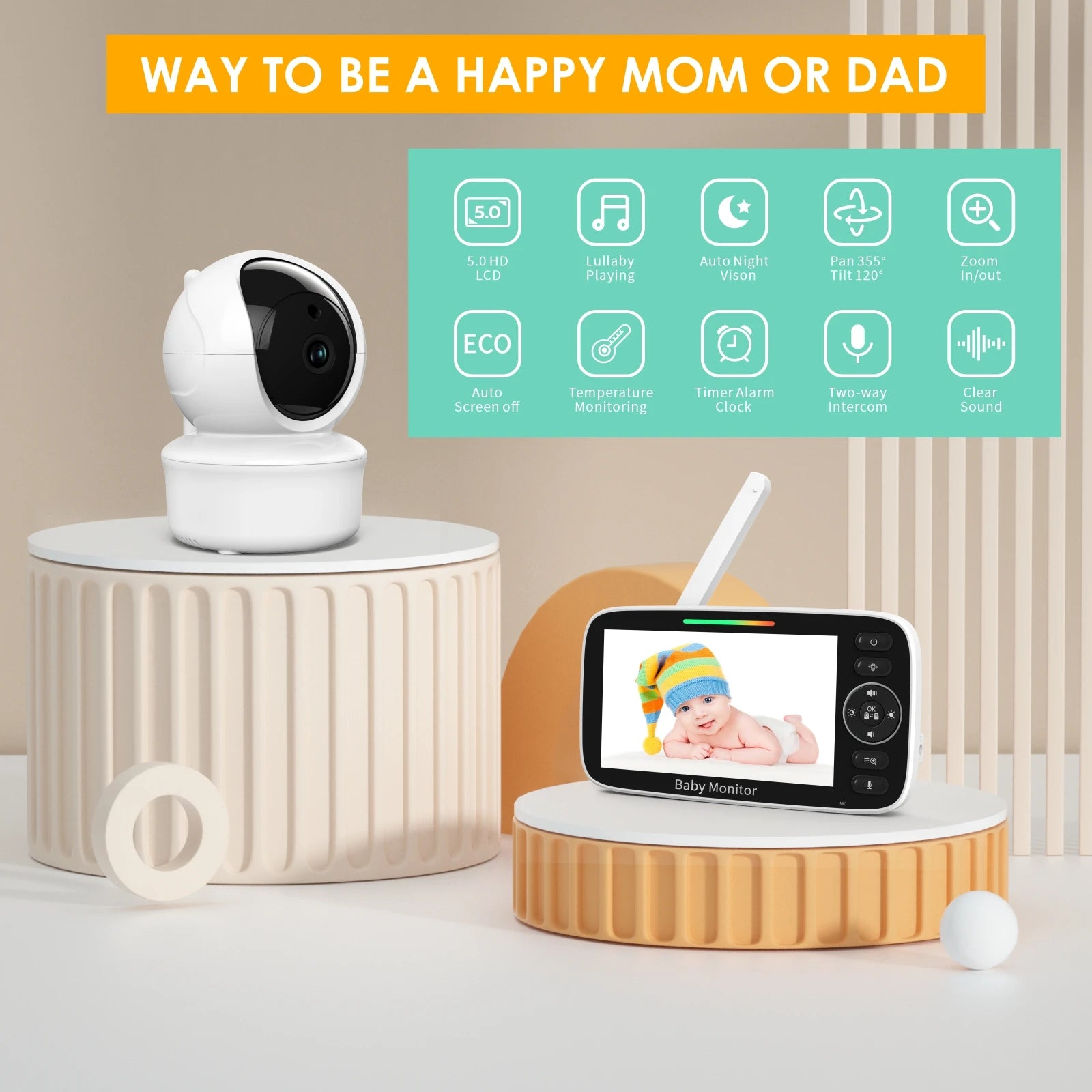 SM530A Baby Monitor 5 inch HD Rotating Baby Monitor Wireless Shaking Head Camera Night Vision Intercom Lullaby Baby Safety - PULSE MART