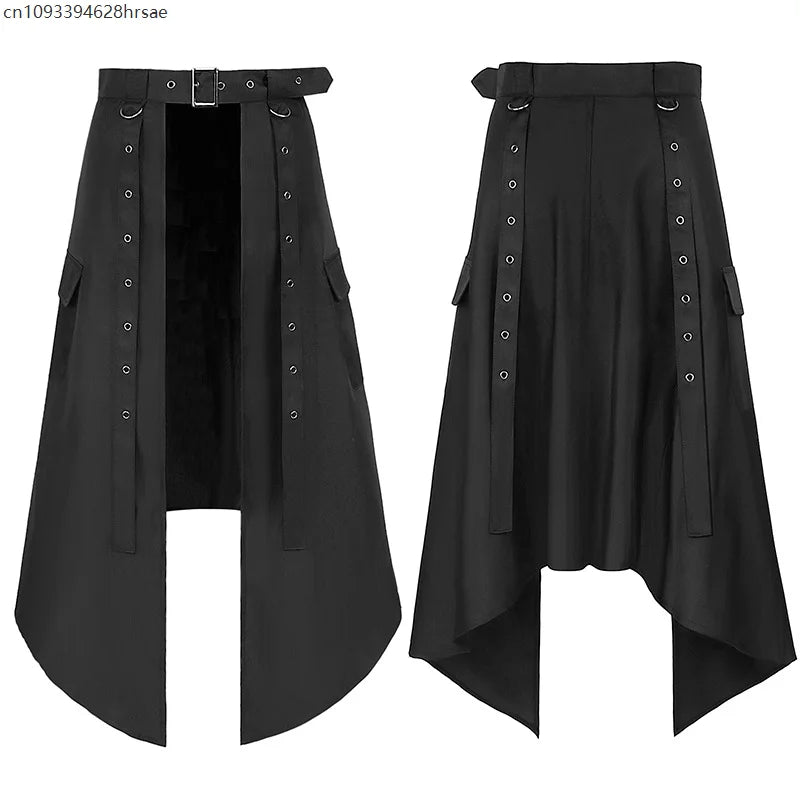 Men’s Gothic Irregular Skirt – Black High Waist Pleated Steampunk Rock Long Skirt for Halloween