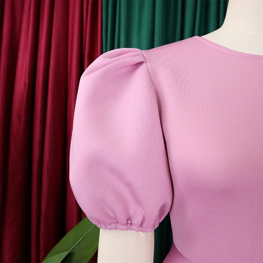 Women’s Elegant Pleated Midi Dress – O-Neck, Short Sleeve, High Waist Party Outfit 2024