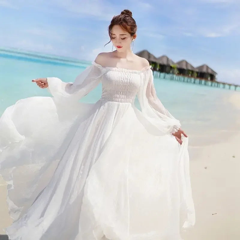 Women’s Summer Off-Shoulder Chiffon Dress – Elegant White Vestido de Mujer