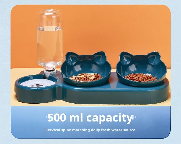 3-in-1 Elevated Cat Bowl & Gravity Water Feeder – Tilted Food & Water Bowl Set for Cats & Small Dogs