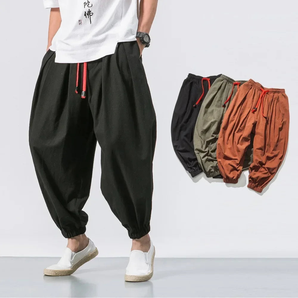 New Trendy Men Harem Pants Loose Oversized Style Cotton and Linen High Quality Jogger