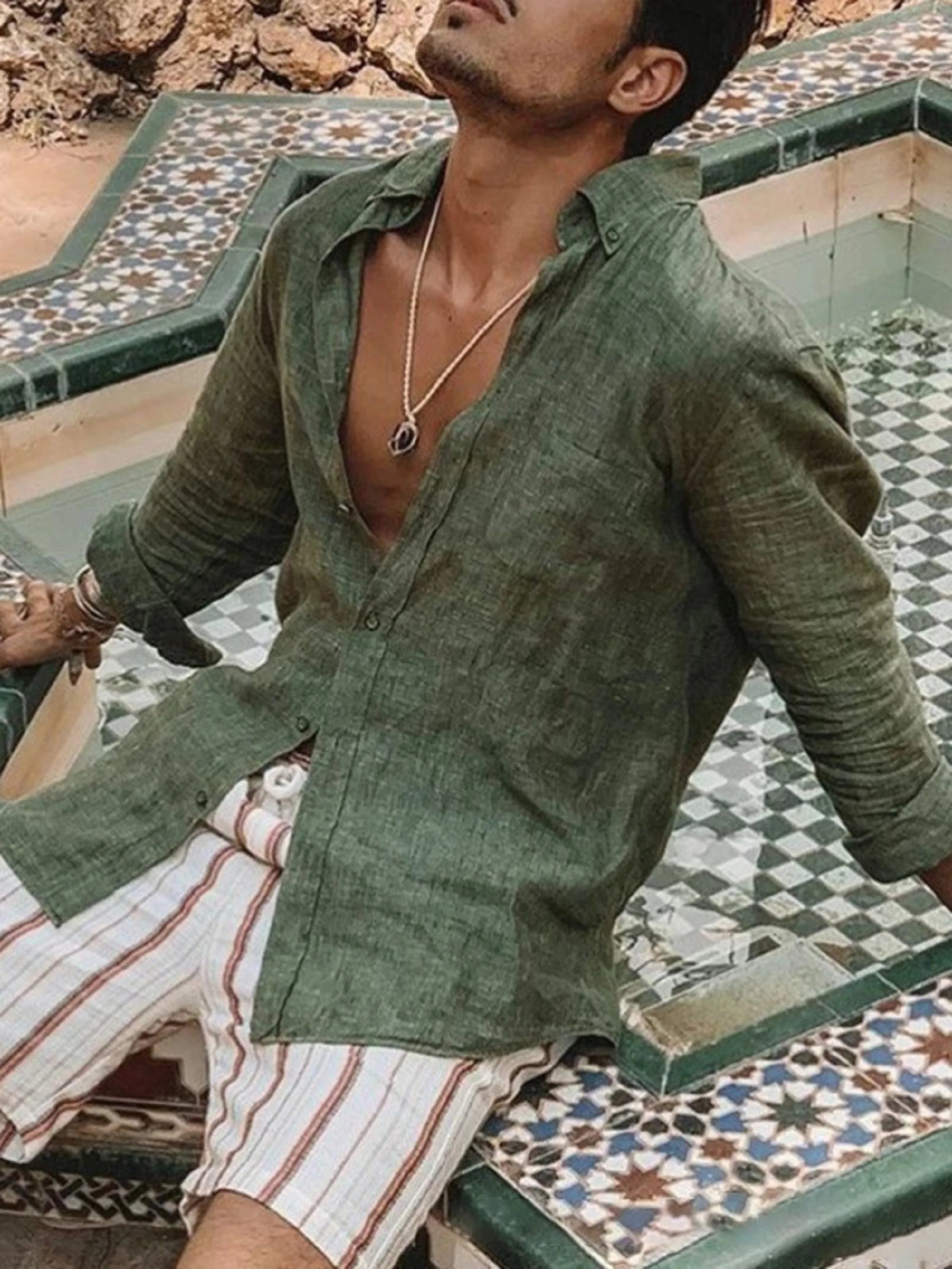 Men’s Casual Solid Color Long-Sleeve Shirt – Lightweight Lapel Cardigan