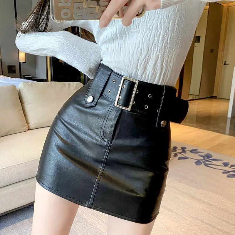 korean fashion women clothing  Solid  Button  Above Knee, Mini  vintage leather  black skirt